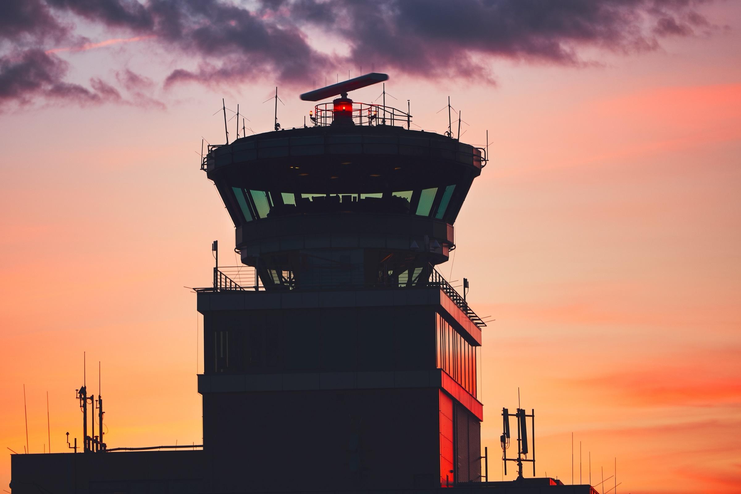 Air-traffic control tower at dusk