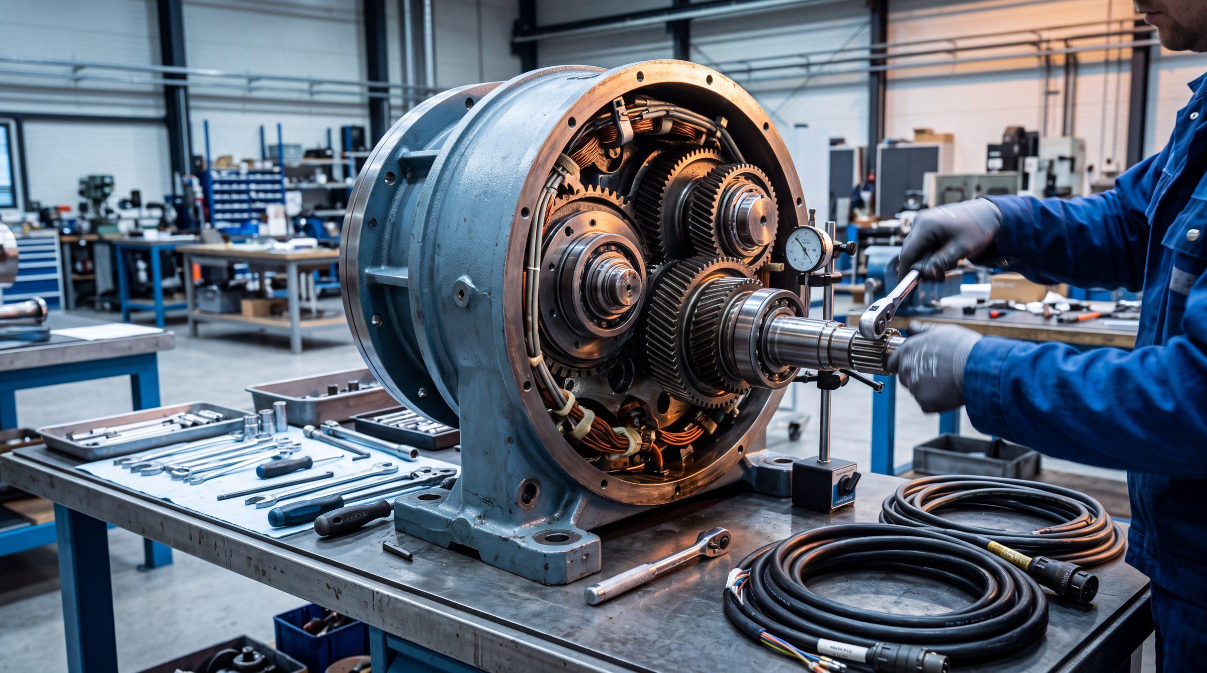 Radar drive gearbox and rotary joint stripped down on a workshop bench